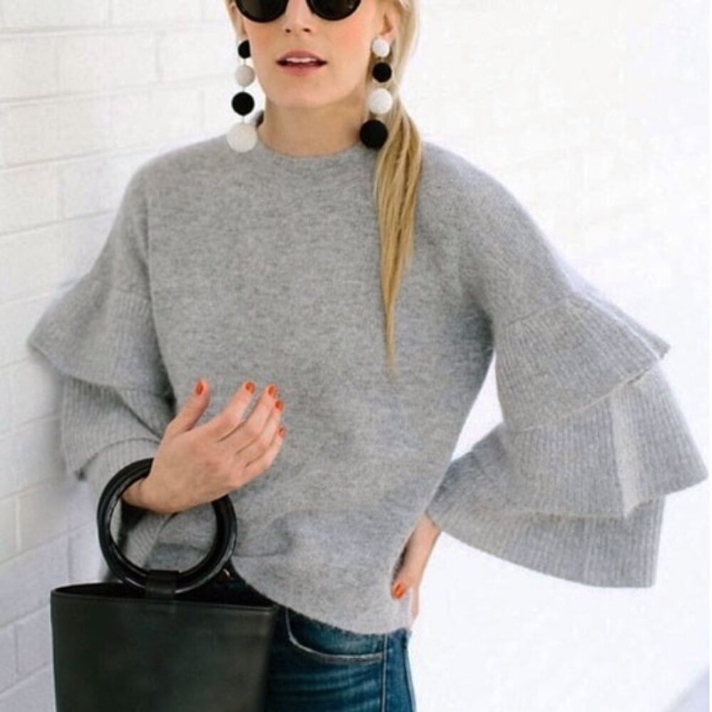 Endless Rose Mohair Blend Tiered Ruffle Sleeve Sweater S/M Gray